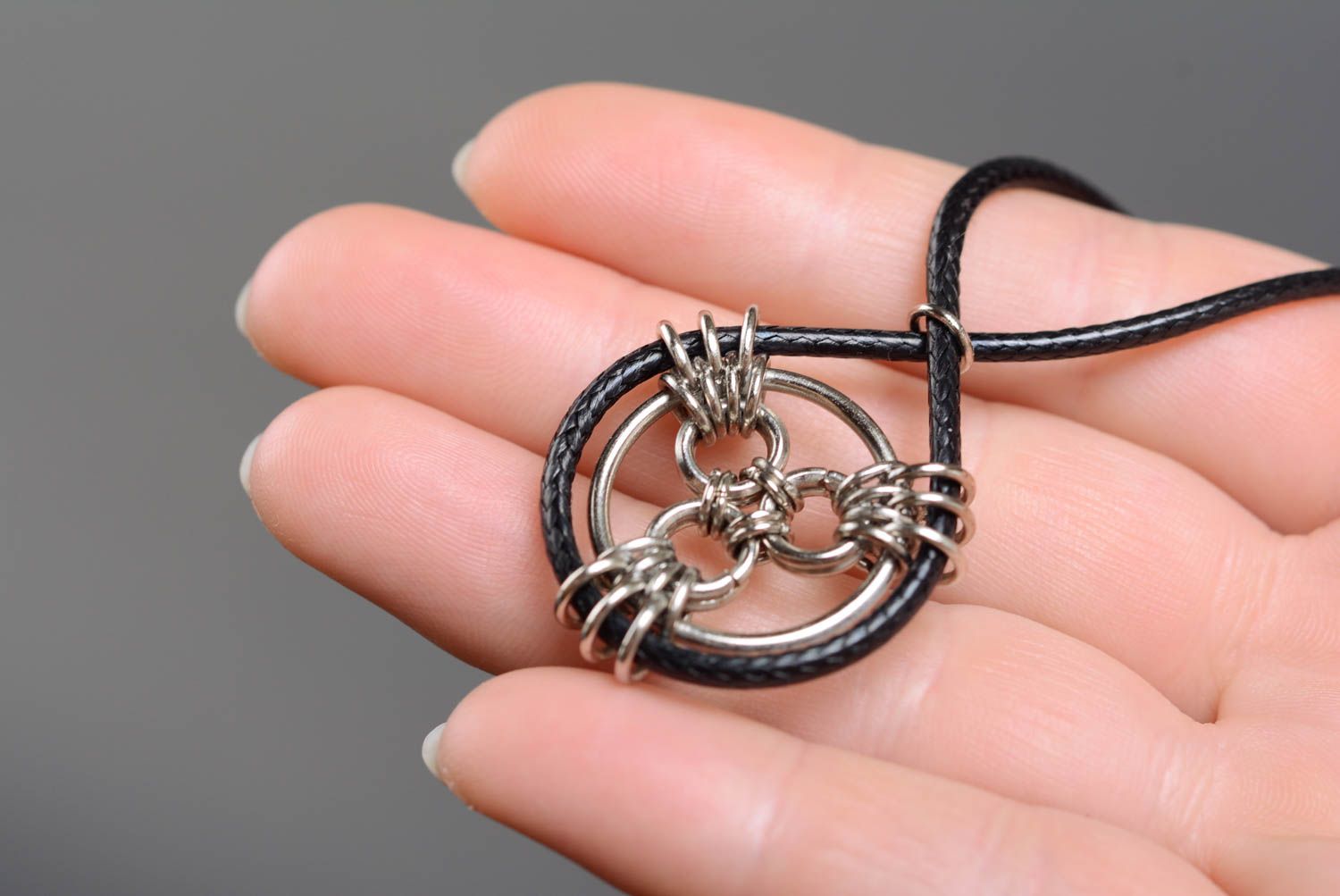 Unusual woven handmade designer black metal neck pendant on cord chainmail photo 3