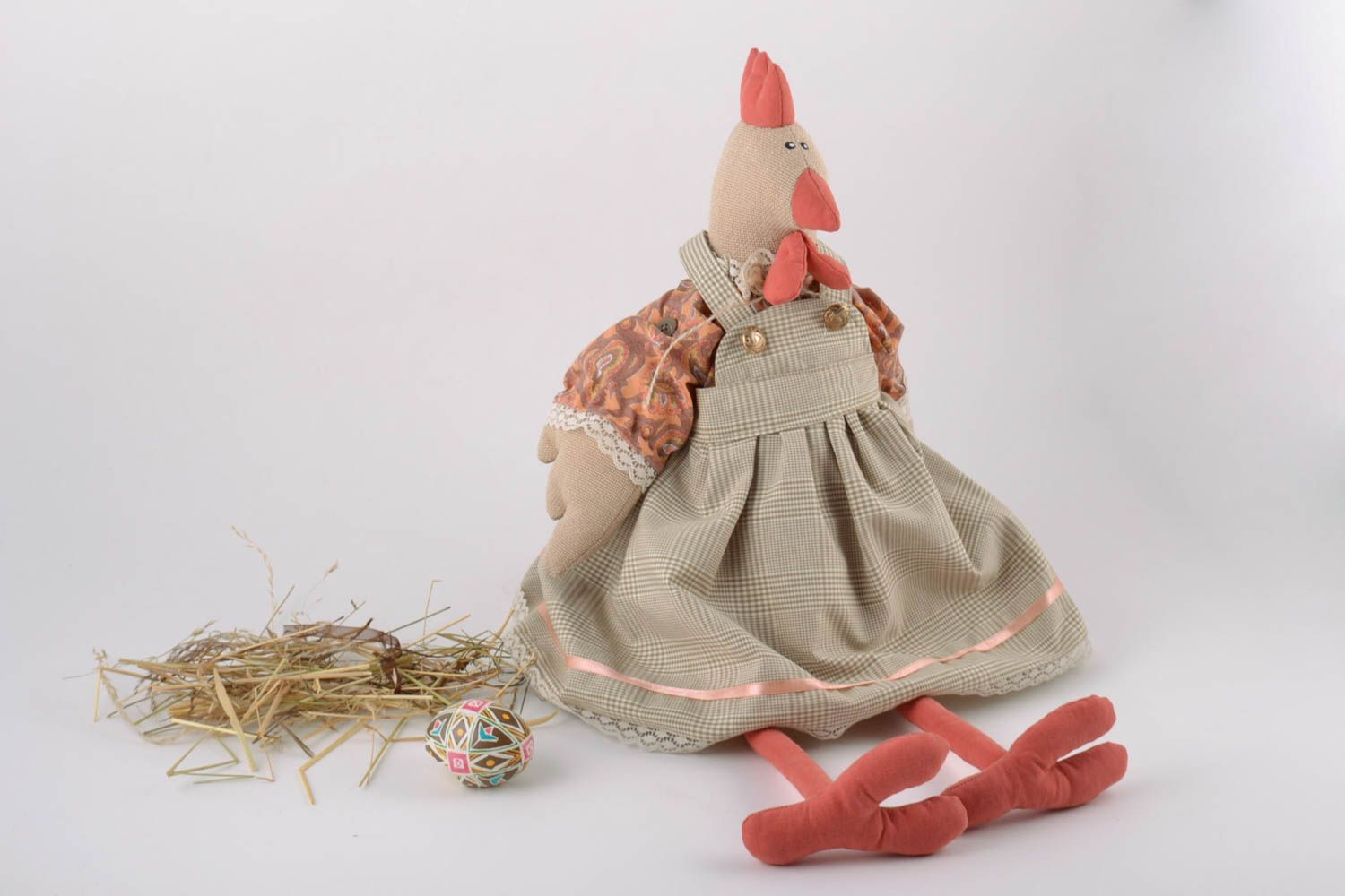 Handmade linen soft toy chicken in dress with long paws in pastel color palette photo 1