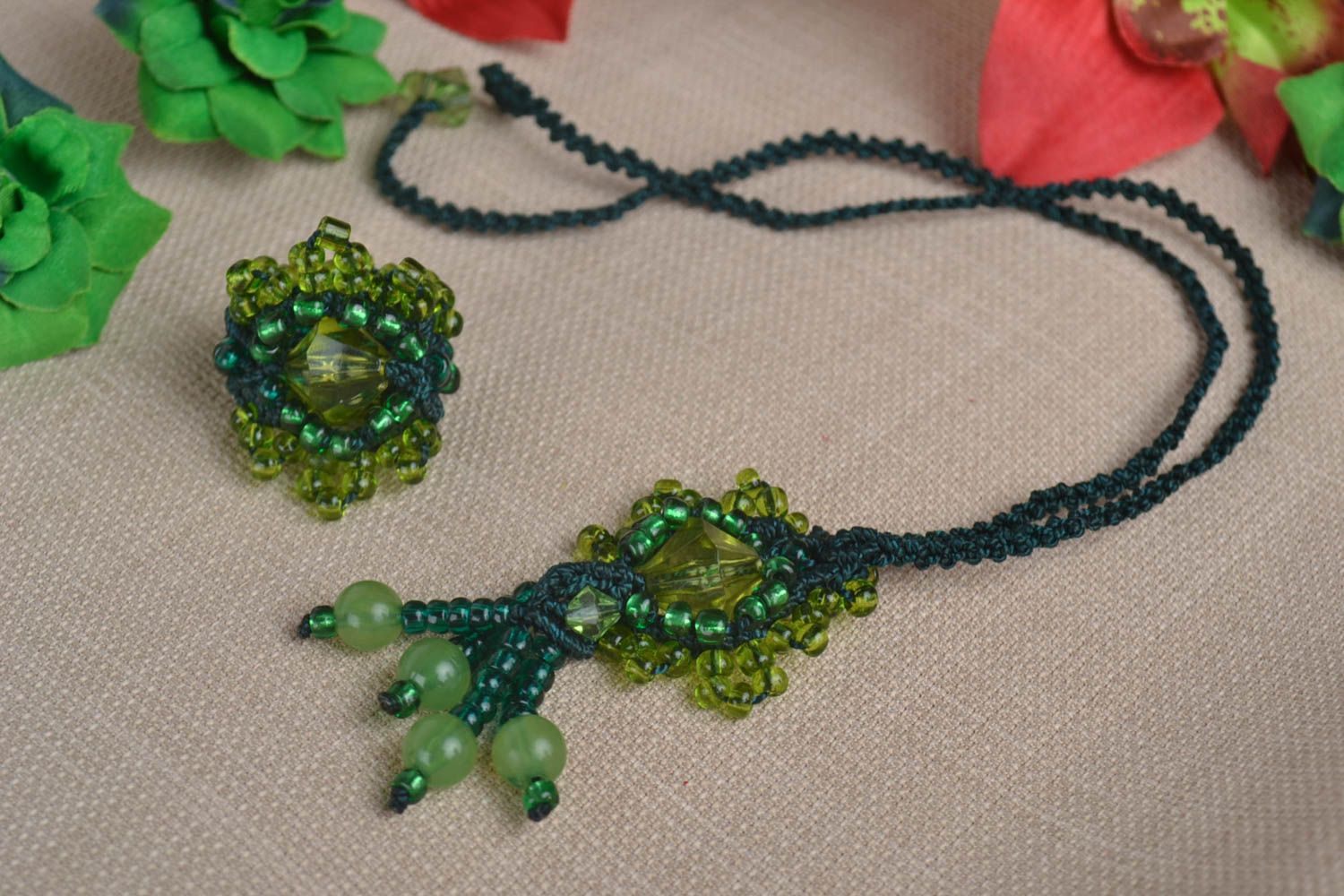 Handmade textile jewelry set woven pendant woven ring beadwork ideas photo 1