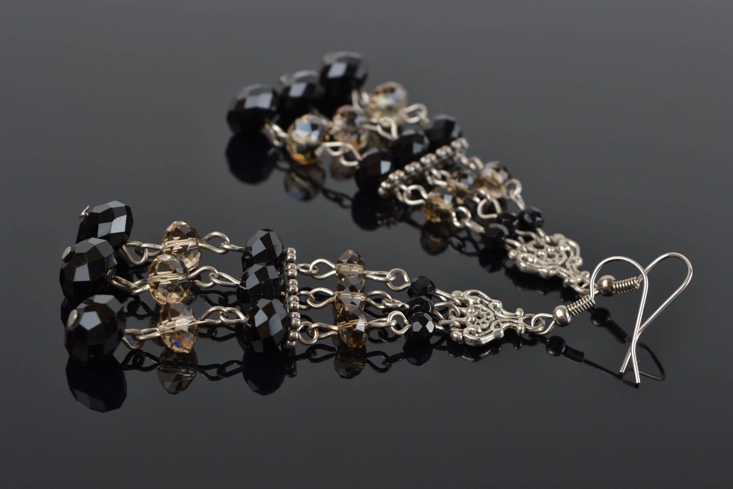 Handmade designer women's long dangling metal earrings with black Czech glass  photo 1