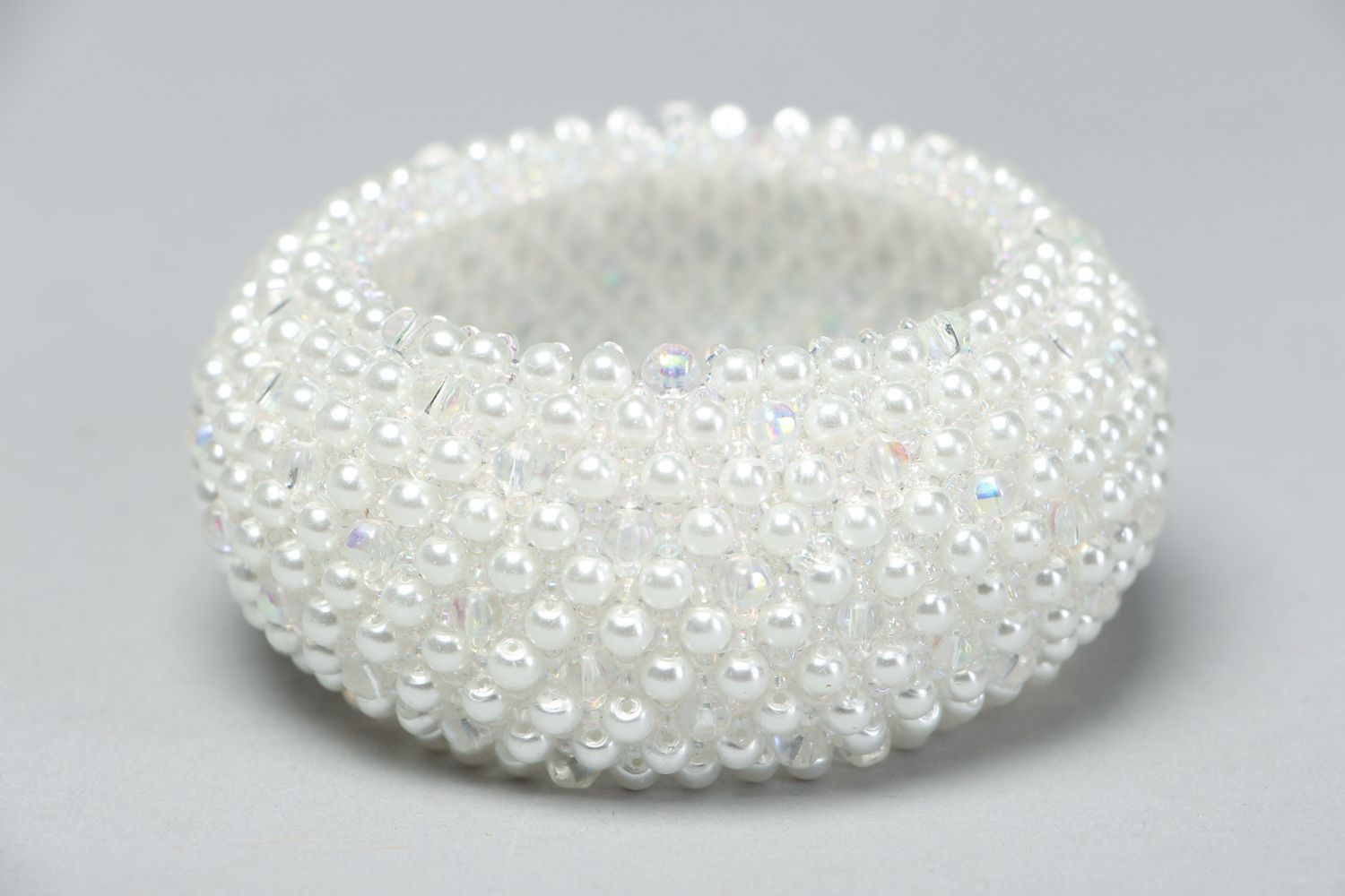 Handmade white beaded stretch bracelet with white artificial pearls for teen girls photo 1