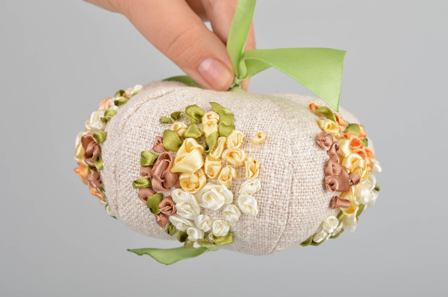 Handmade designer linen fabric soft interior cushion with embroidery Pumpkin photo 3