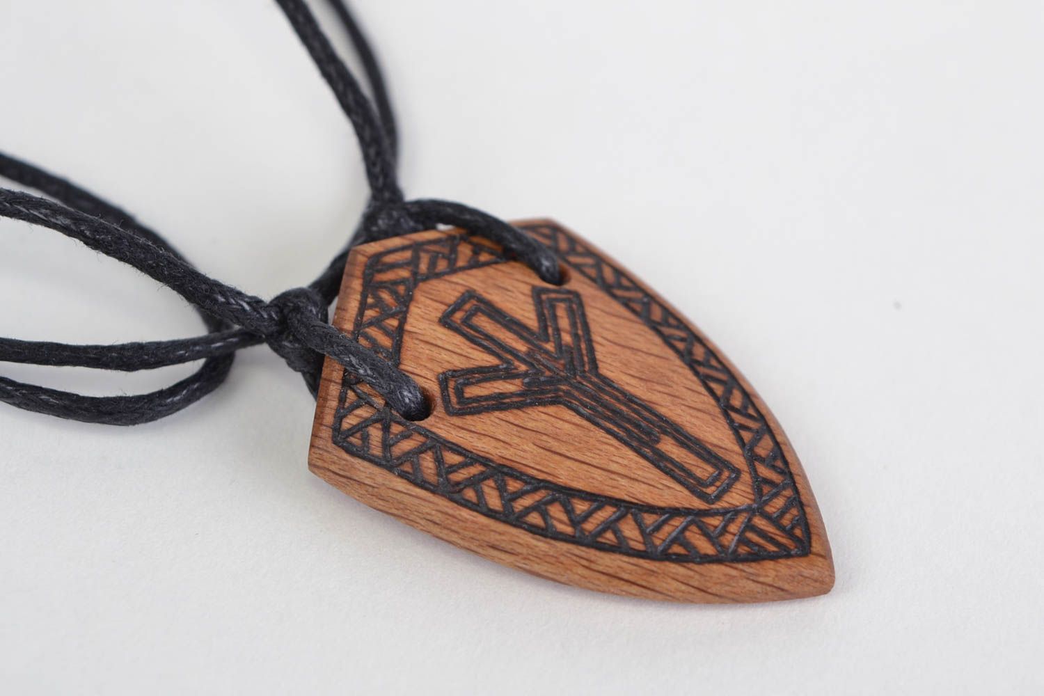 Unisex handmade designer ethnic wooden pendant on cord with pyrography decor photo 3