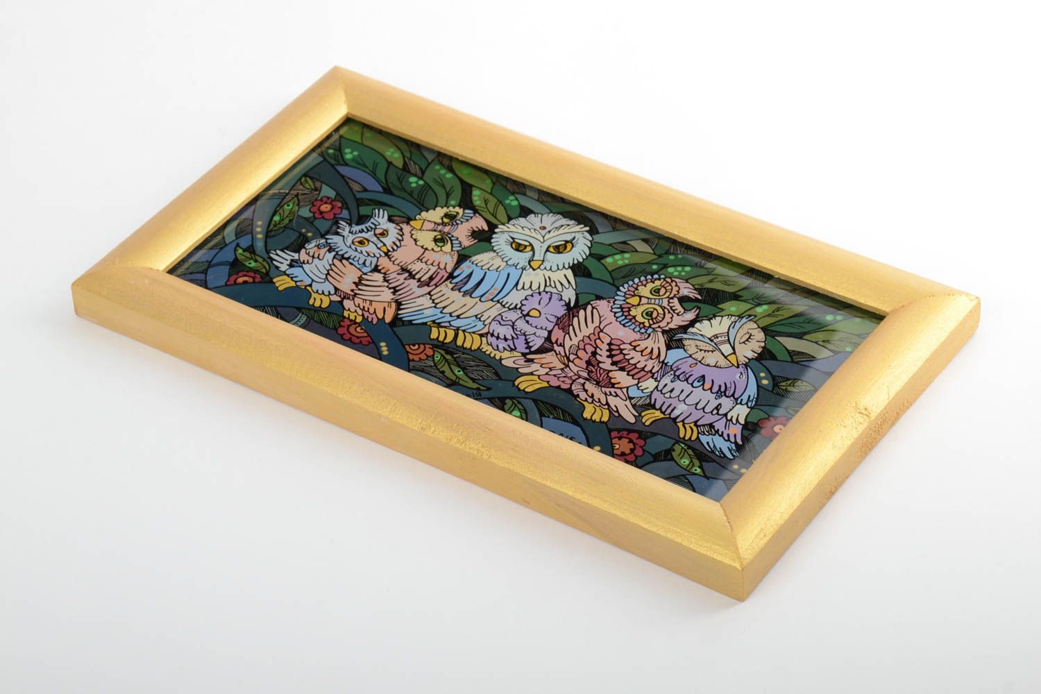 Картина масляными красками в деревянной раме прямоугольная с совами хэнд мейд фото 2