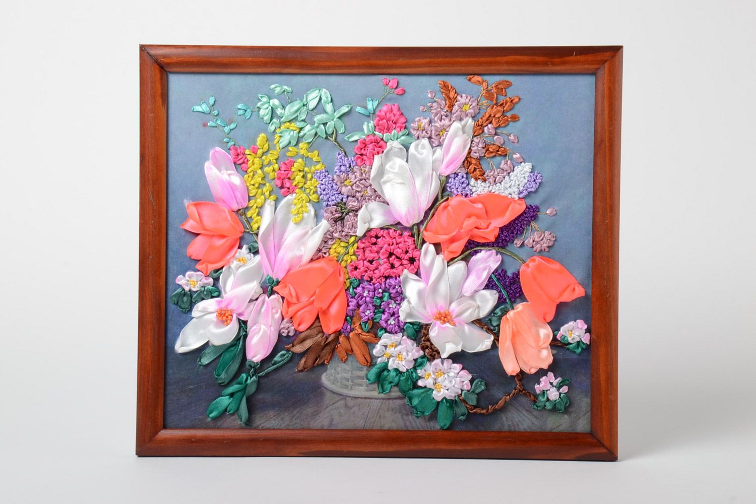Beautiful handmade satin ribbon embroidery with flowers in wooden frame photo 1