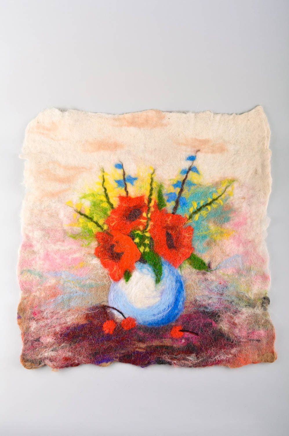 Tableau en laine feutrée fait main vase de fleurs Décoration d'intérieur photo 1