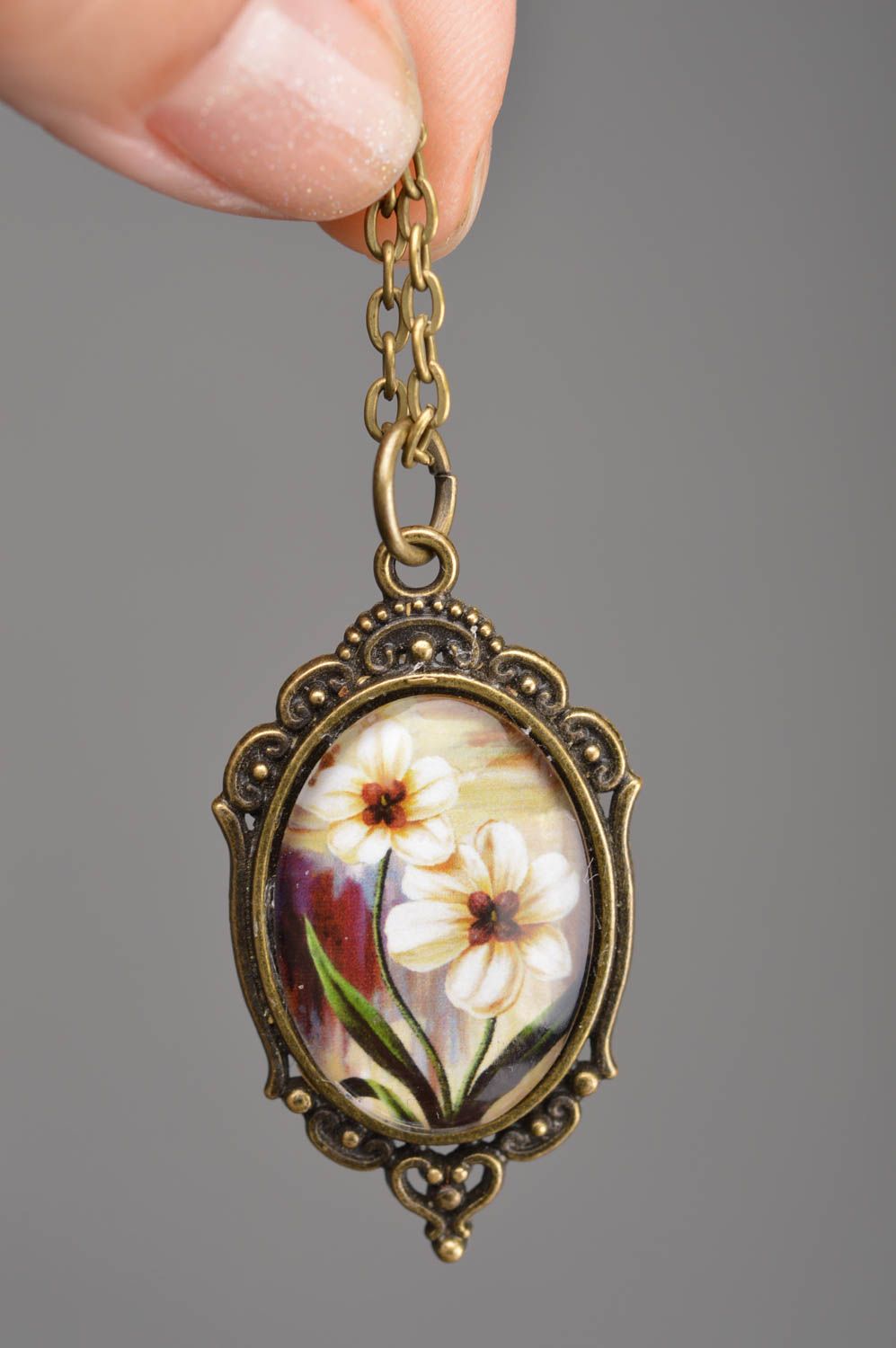 Handmade pendant on a long chain with beautiful print Blooming Daffodils photo 2