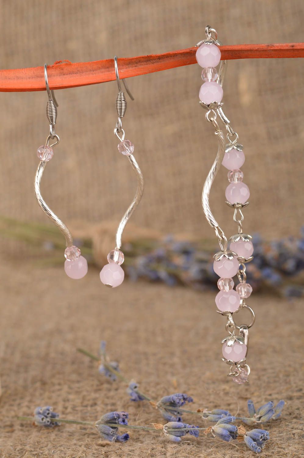 Elegant jewelry set handmade metal earrings with beads metal bracelet with beads photo 1