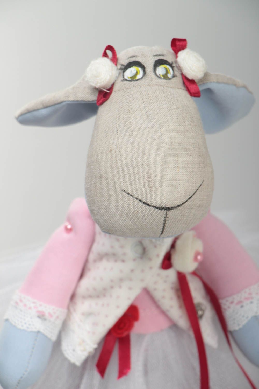 Handmade soft toy sewn of fabrics painted with acrylics cute lamb in tutu skirt photo 3