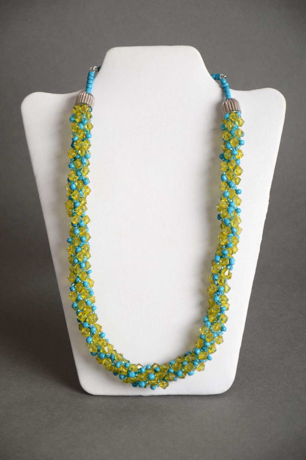 Handmade thin necklace crocheted of Czech beads in blue and yellow colors photo 2