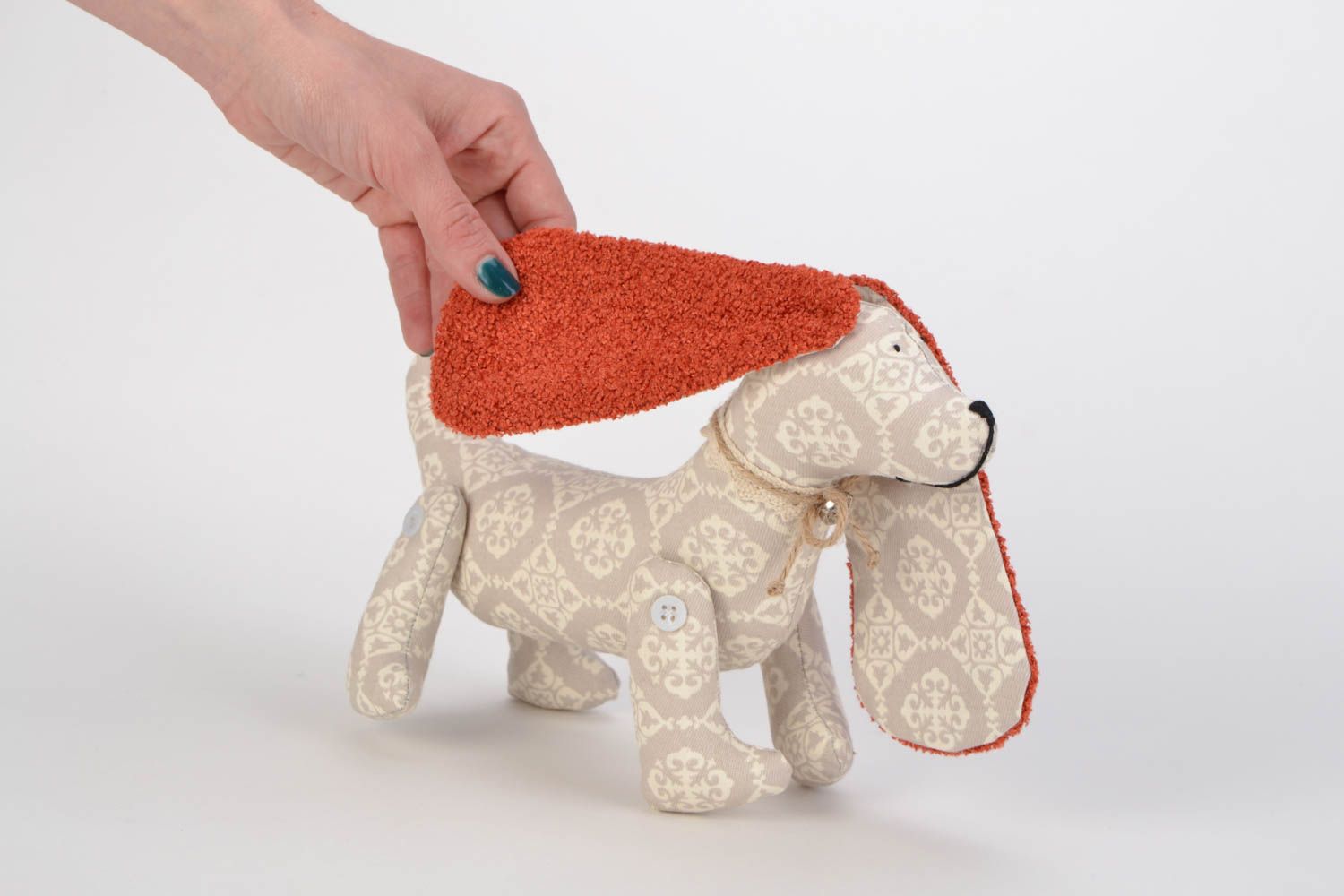 Unusual beautiful handmade natural fabric soft toy in the shape of dog for children photo 2