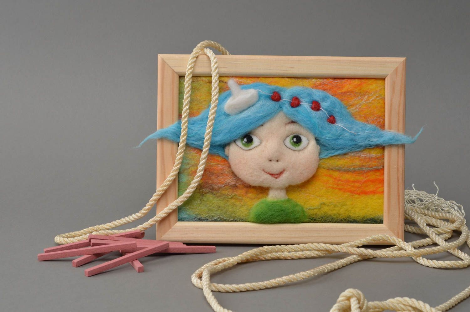 Handmade decorative colorful wall painting felted of wool in frame Girl photo 1