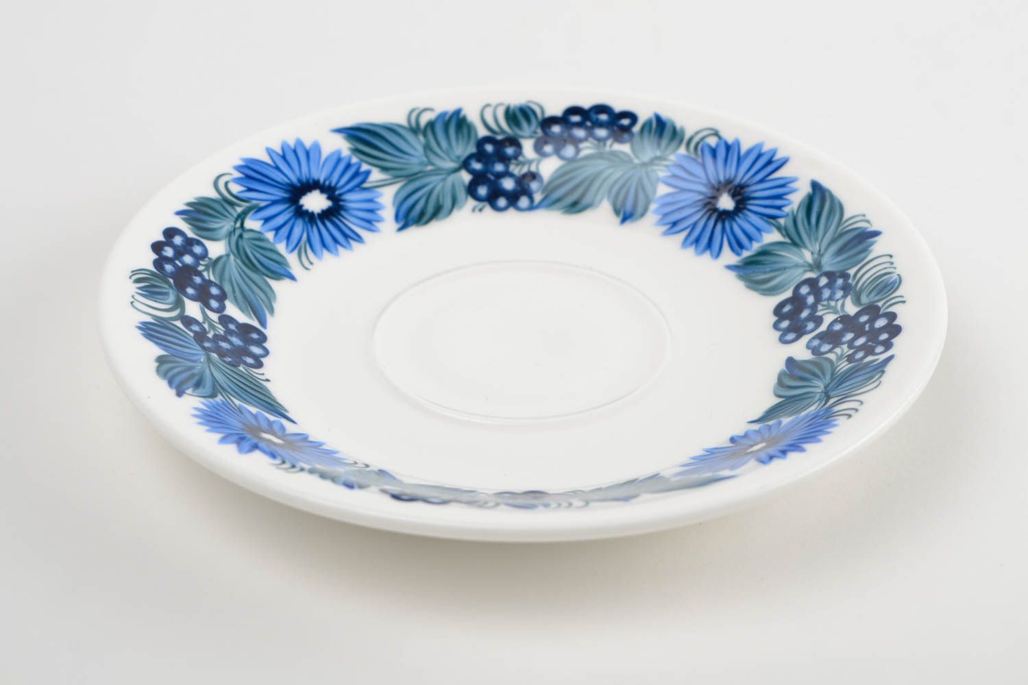 Soucoupe ronde Petite assiette fait main peint blanc bleu Service vaisselle photo 4