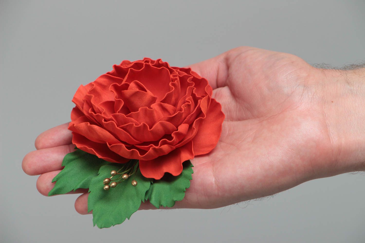 Handmade designer brooch with large volume foamiran flower of deep red color photo 5