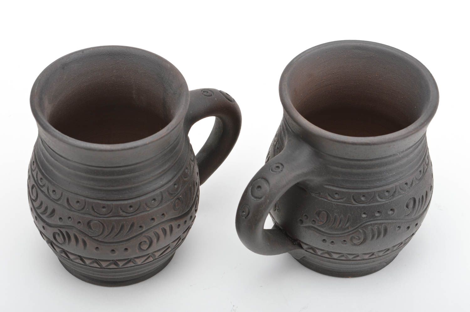 Set of dark brown two 16 oz cups with handle and rustic plain pattern photo 5