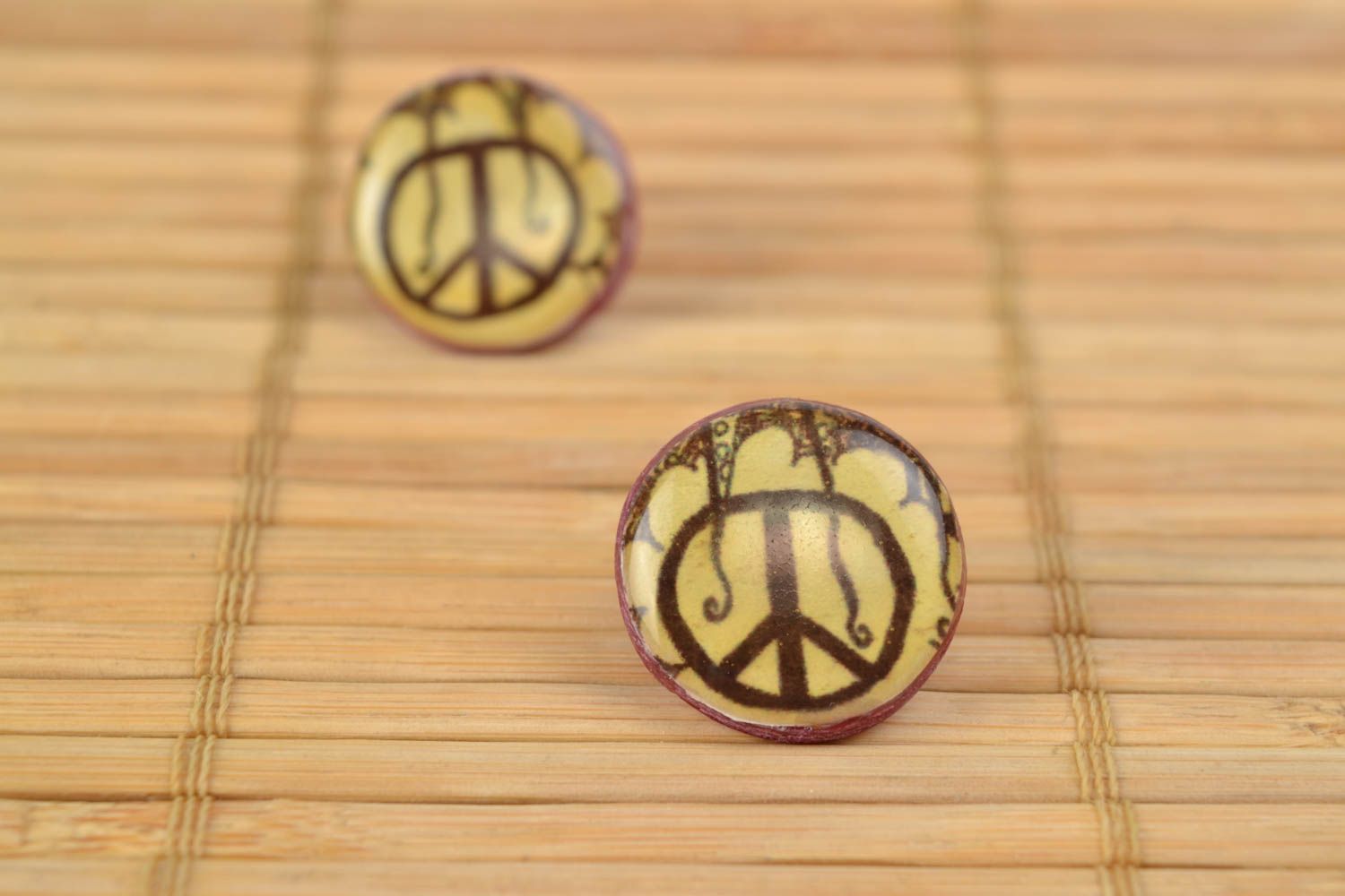 Handmade polymer clay stud earrings with decoupage Peace coated with epoxy resin photo 5