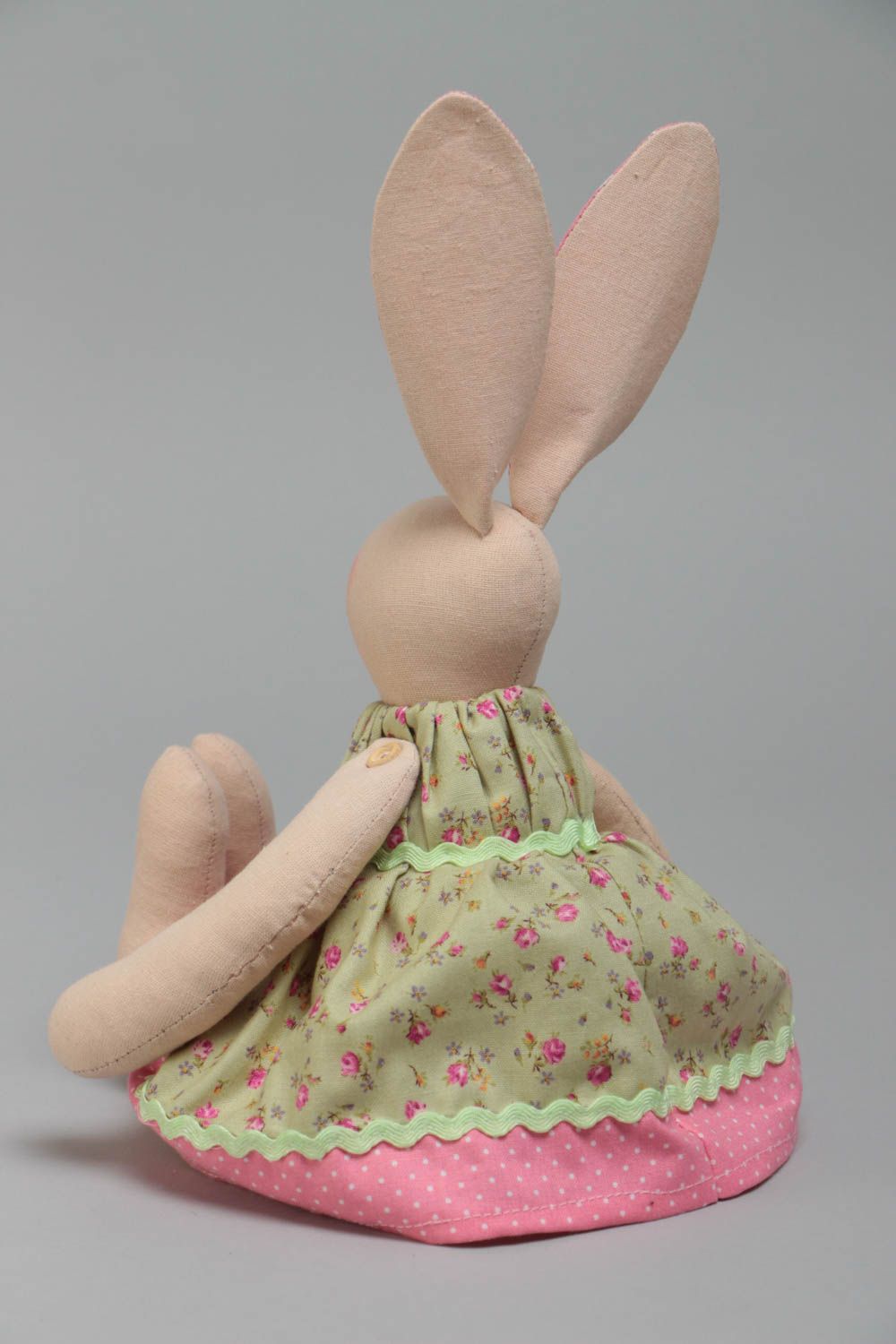 Handmade designer cotton fabric soft toy rabbit in green and pink sun dress  photo 4