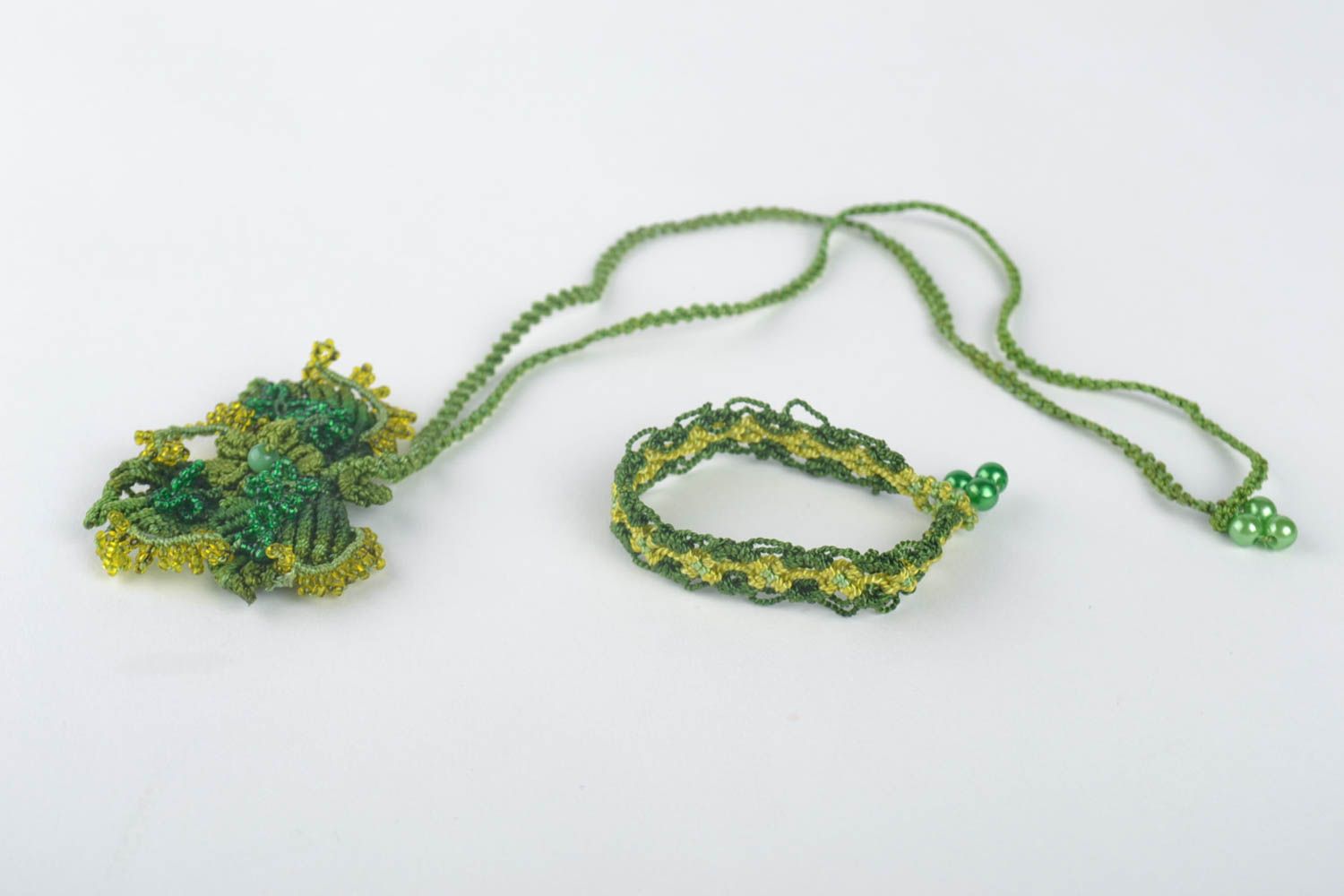 Set of macrame jewelry woven accessories designer pendant friendship bracelet photo 2