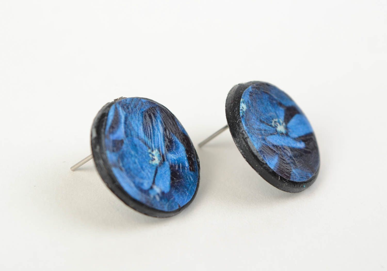 Handmade round polymer clay stud earrings with decoupage in blue color palette photo 3