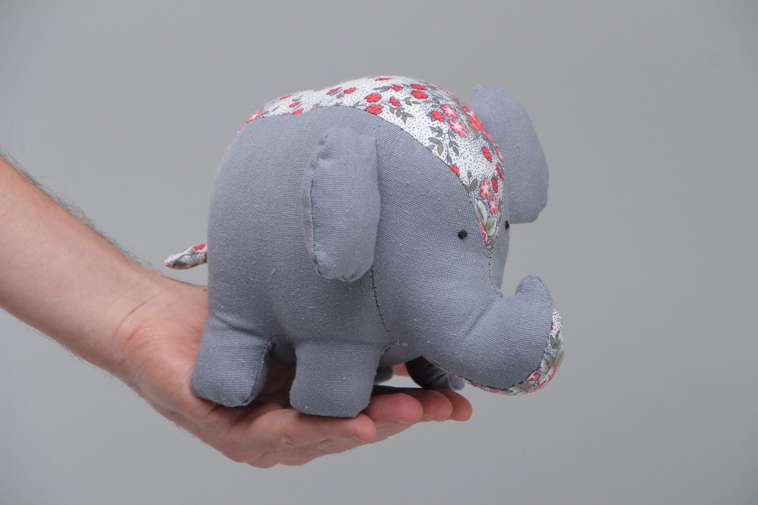 Handmade children's fabric soft toy elephant of gray color and average size photo 5