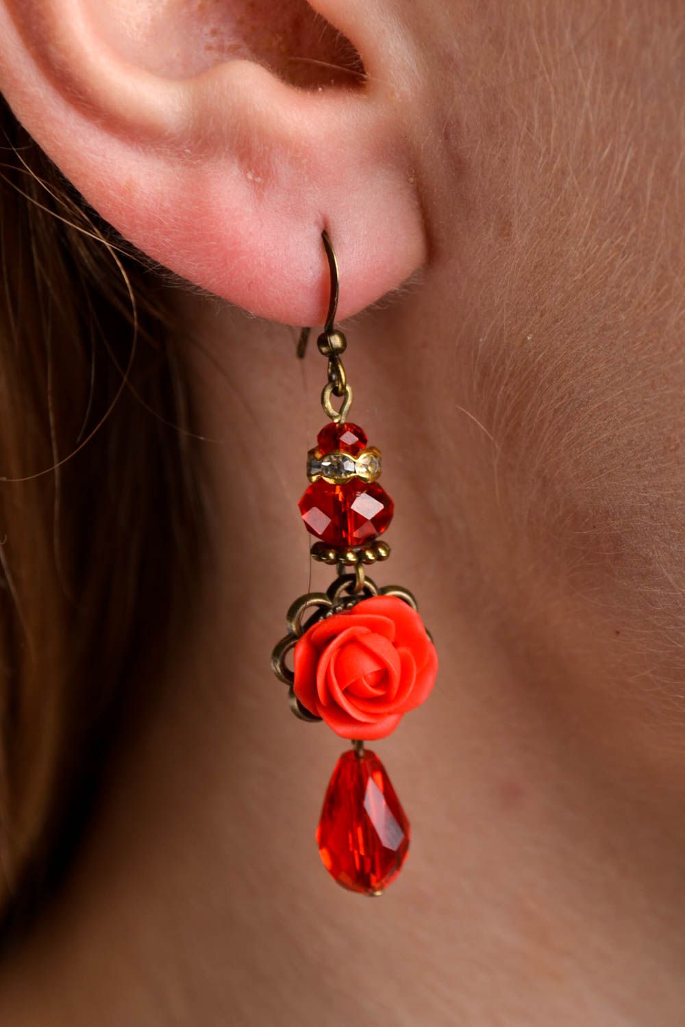 Handmade designer red earrings elegant flower earrings polymer clay jewelry photo 1
