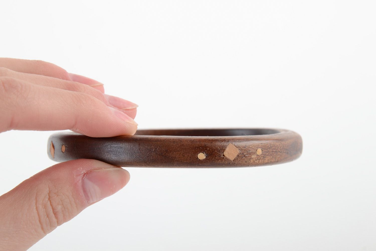 Thin dark handmade varnished wooden wrist bracelet with inlay for women photo 5