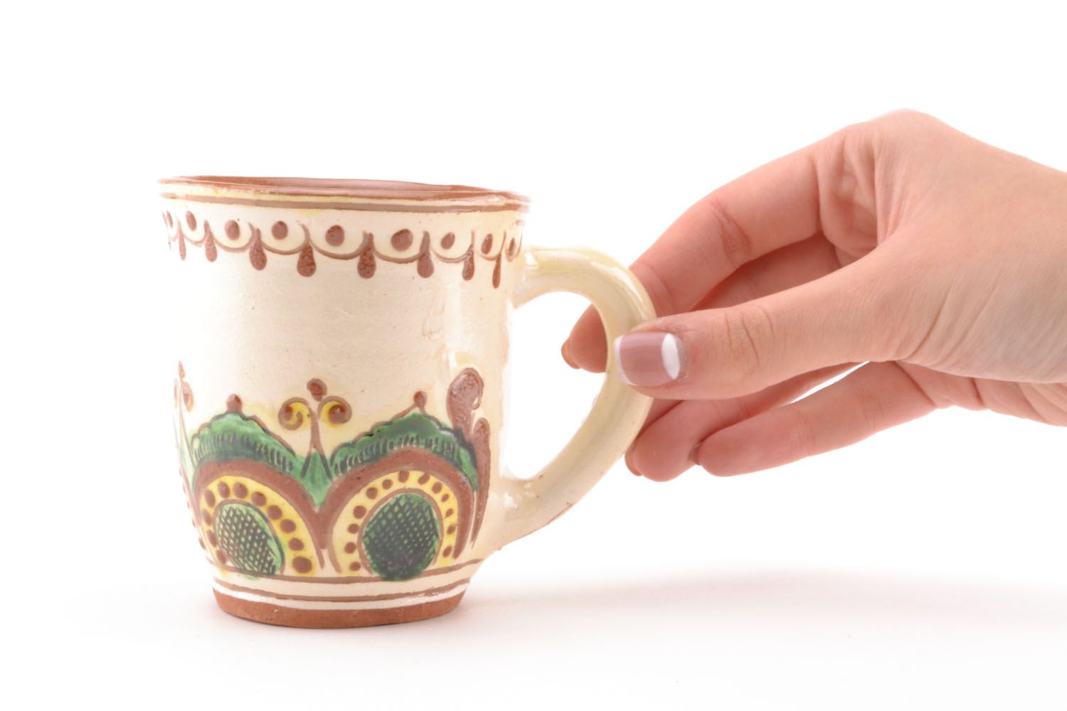 Clay white and green color tea cup with handle glazed inside photo 5