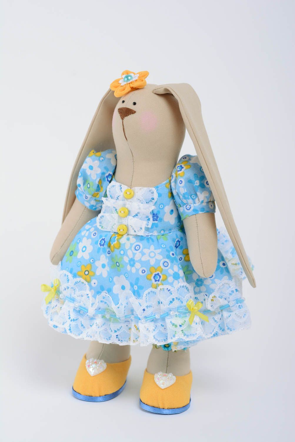 Small handmade fabric soft toy long-eared hare in blue dress photo 1