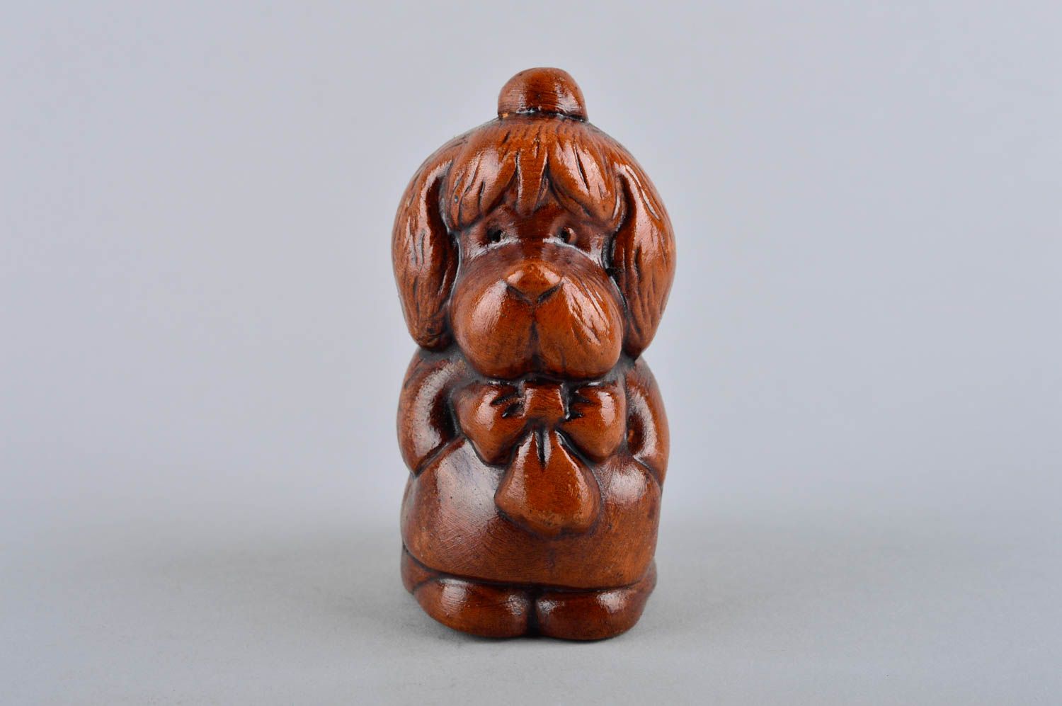 Keramik Deko Figur aus Ton handmade Wohnzimmer Dekoration Hund klein braun foto 2