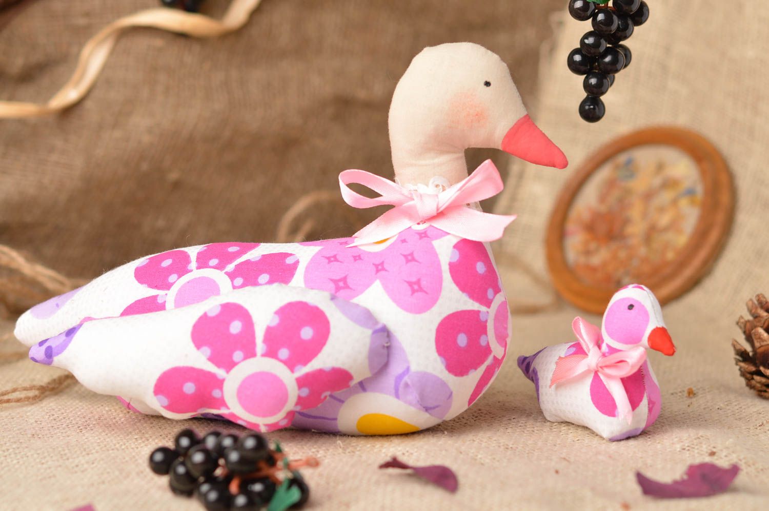Set of 2 beautiful handmade fabric soft toys Duck and Duckling photo 1