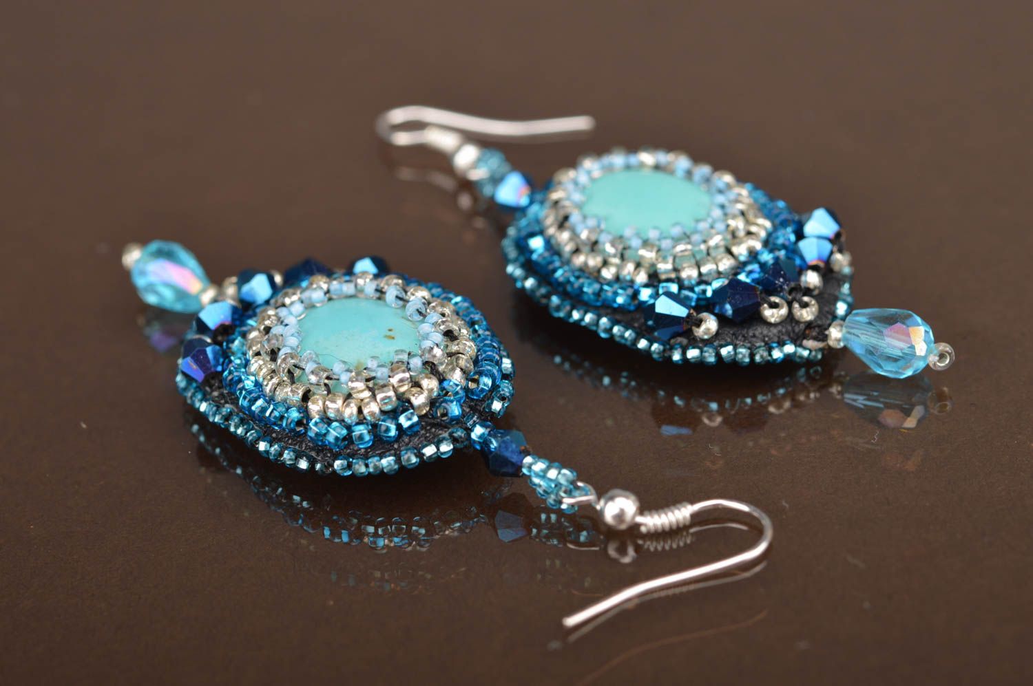 Long handmade festive blue earrings embroidered with beads with turquoise photo 2