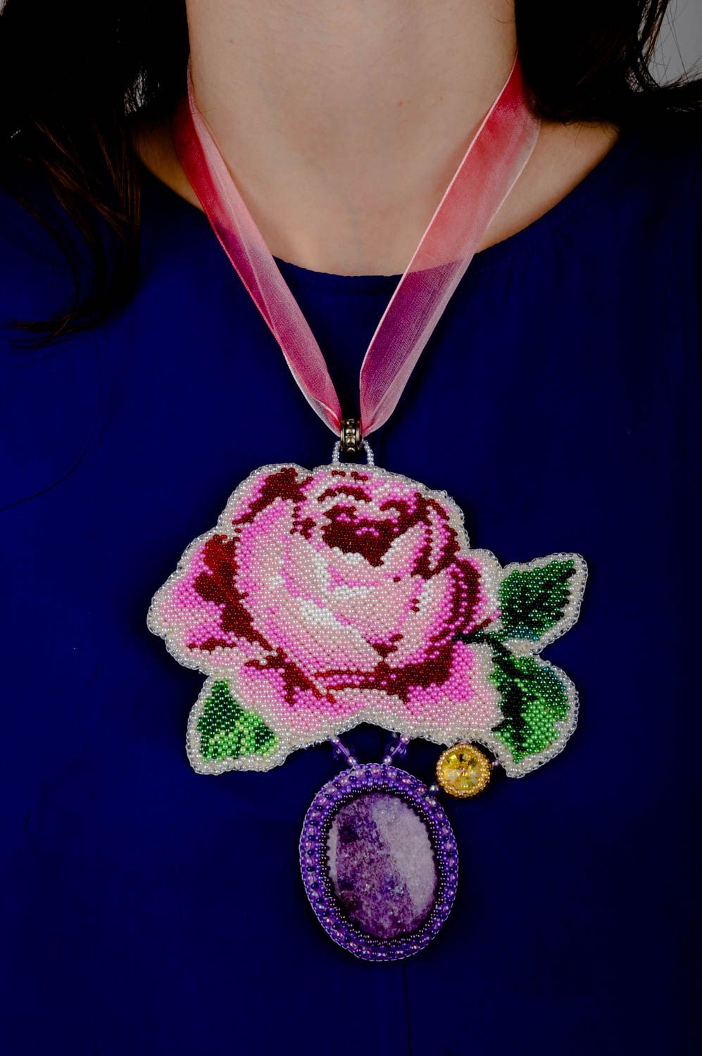 Handmade Damen Collier Glasperlen Schmuck massiv Geschenk für Frauen Rose foto 5