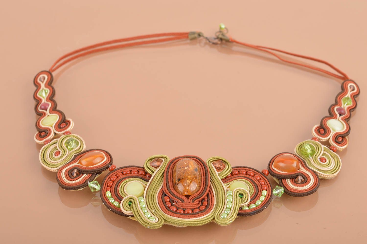Beautiful unusual handmade designer massive soutache necklace with beads  photo 3