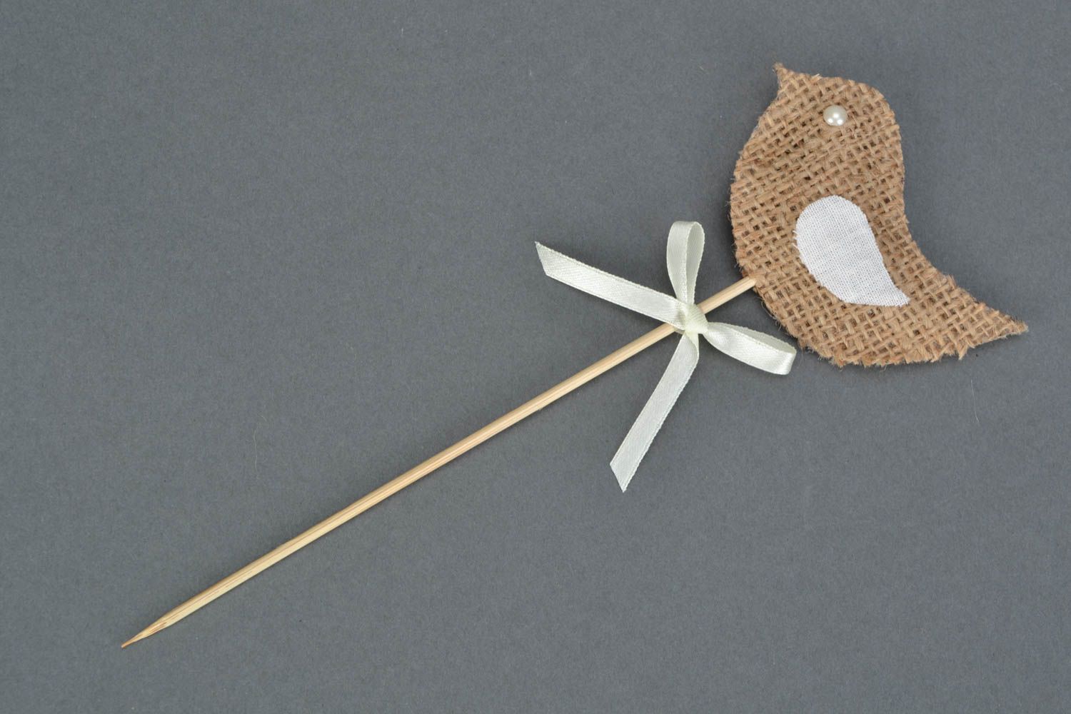 Handmade cute small fabric decoration beige bird on stick for flowerpot photo 1