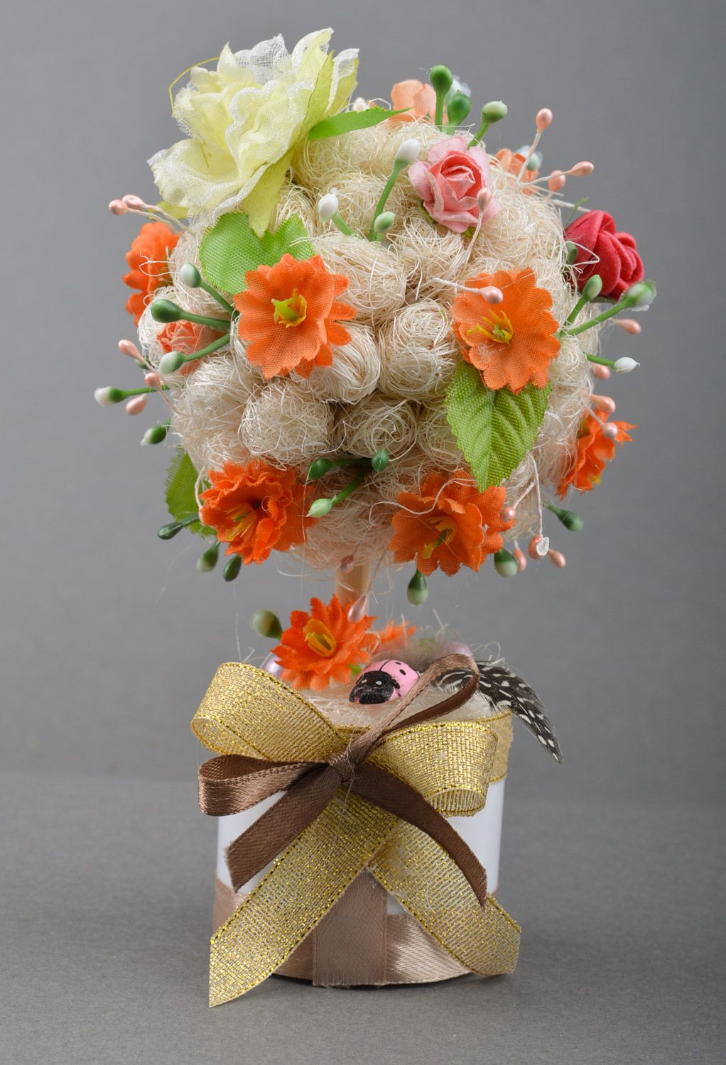 Handmade tender colorful floral topiary with sisal feathers and ribbons  photo 2