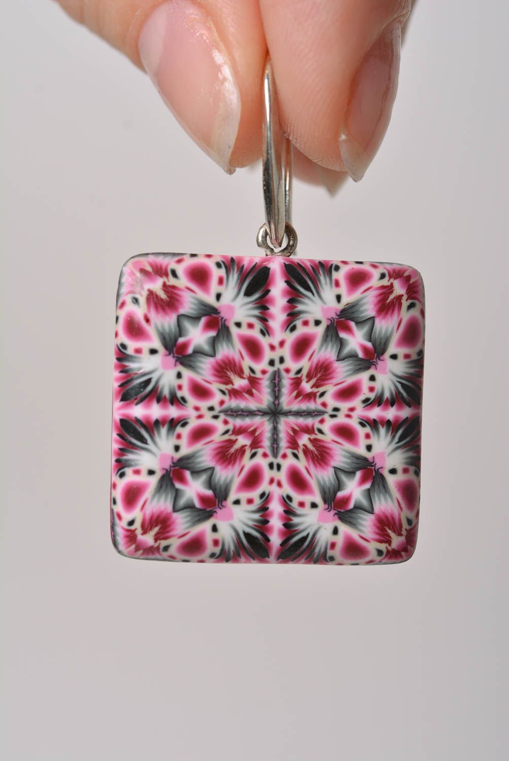 Handmade square polymer clay dangle earrings with colorful geometric ornament photo 2