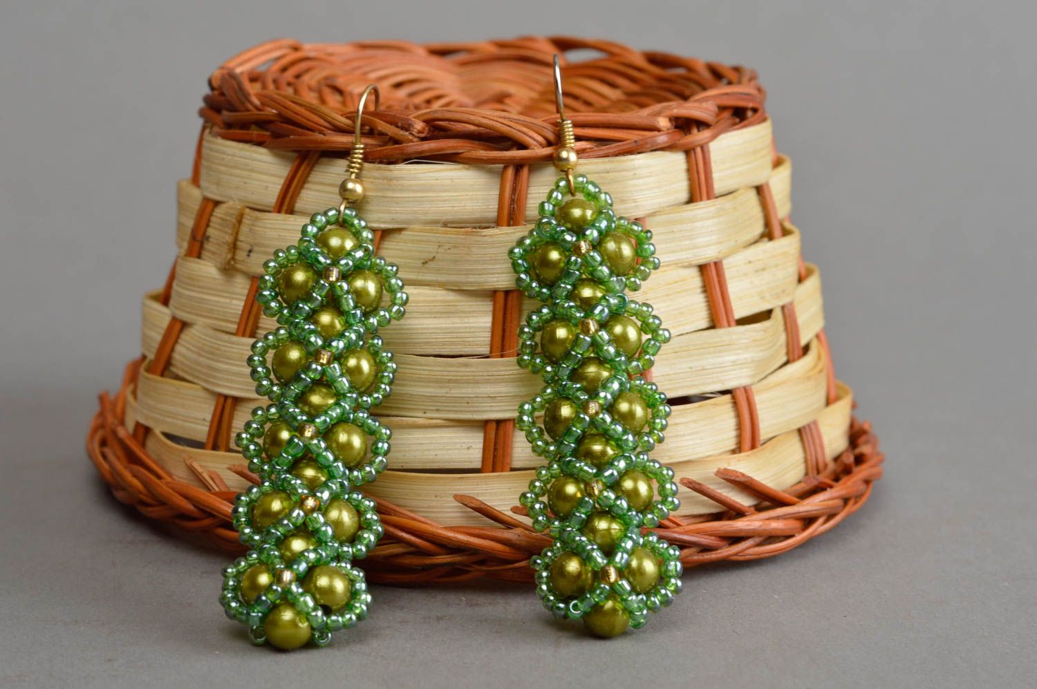 Handmade green dangling earrings beaded jewelry top gifts for women photo 1