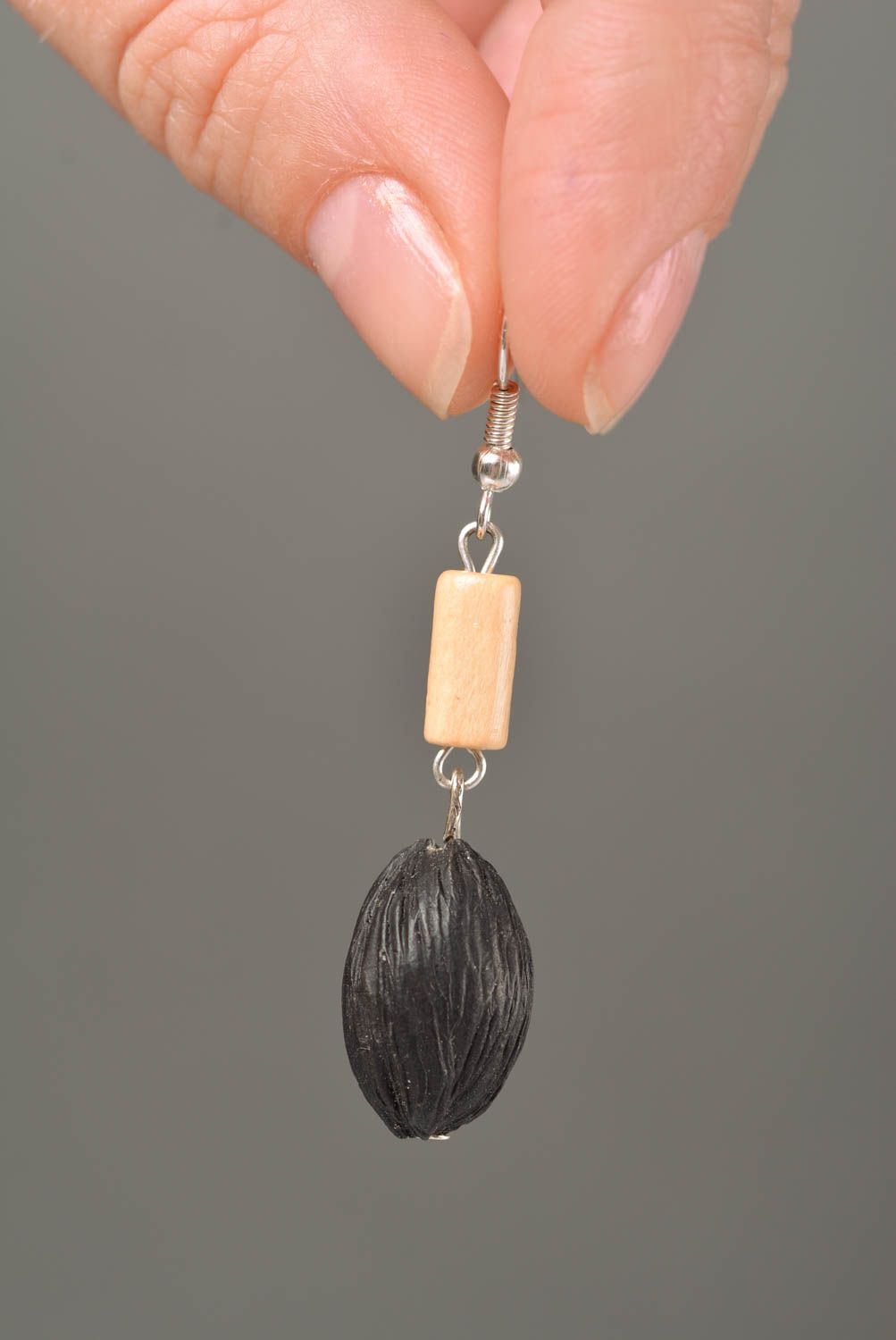 Handmade long dangle earrings with black polymer clay and wooden beads photo 2