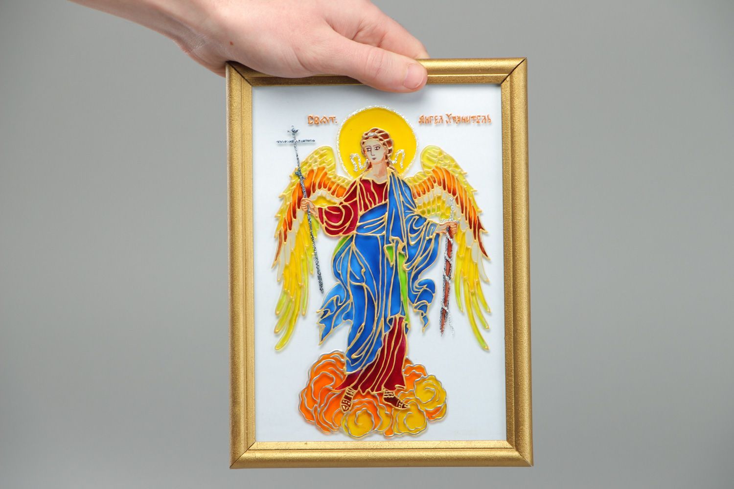 Икона Ангела Хранителя стеклянная разноцветная в раме витражная роспись  фото 4
