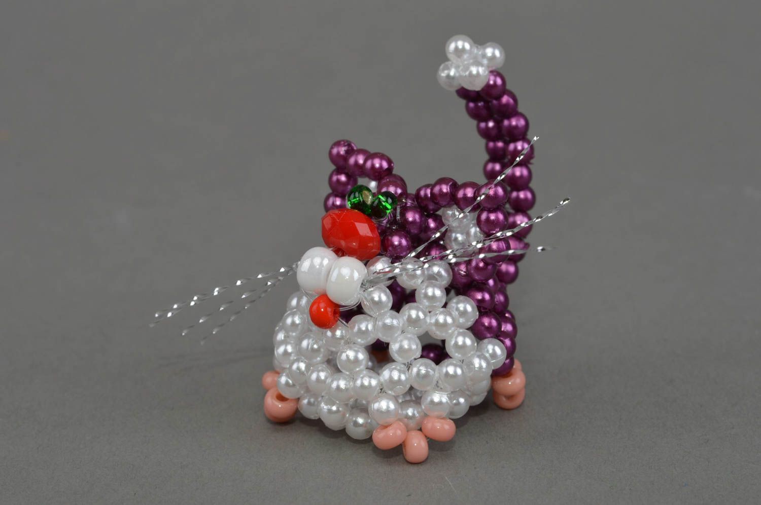 Chat en perles de rocaille violet figurine décorative faite main pour intérieur photo 3