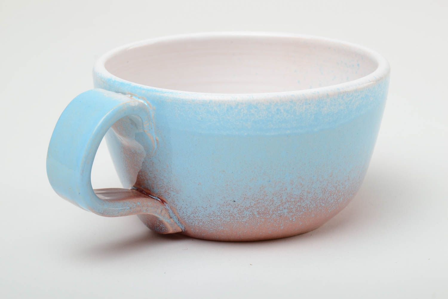 Large 12 oz glazed handmade flat clay teacup in blue color with handle  photo 1