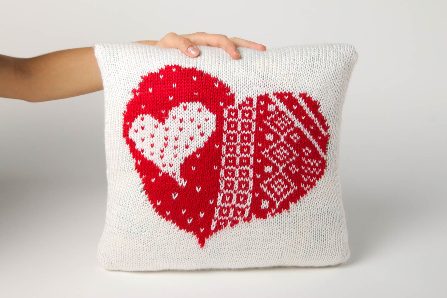 Sofa Kissen handgemacht Wohn Accessoire Wohnzimmer Idee gestrickt in Rot Weiß foto 2