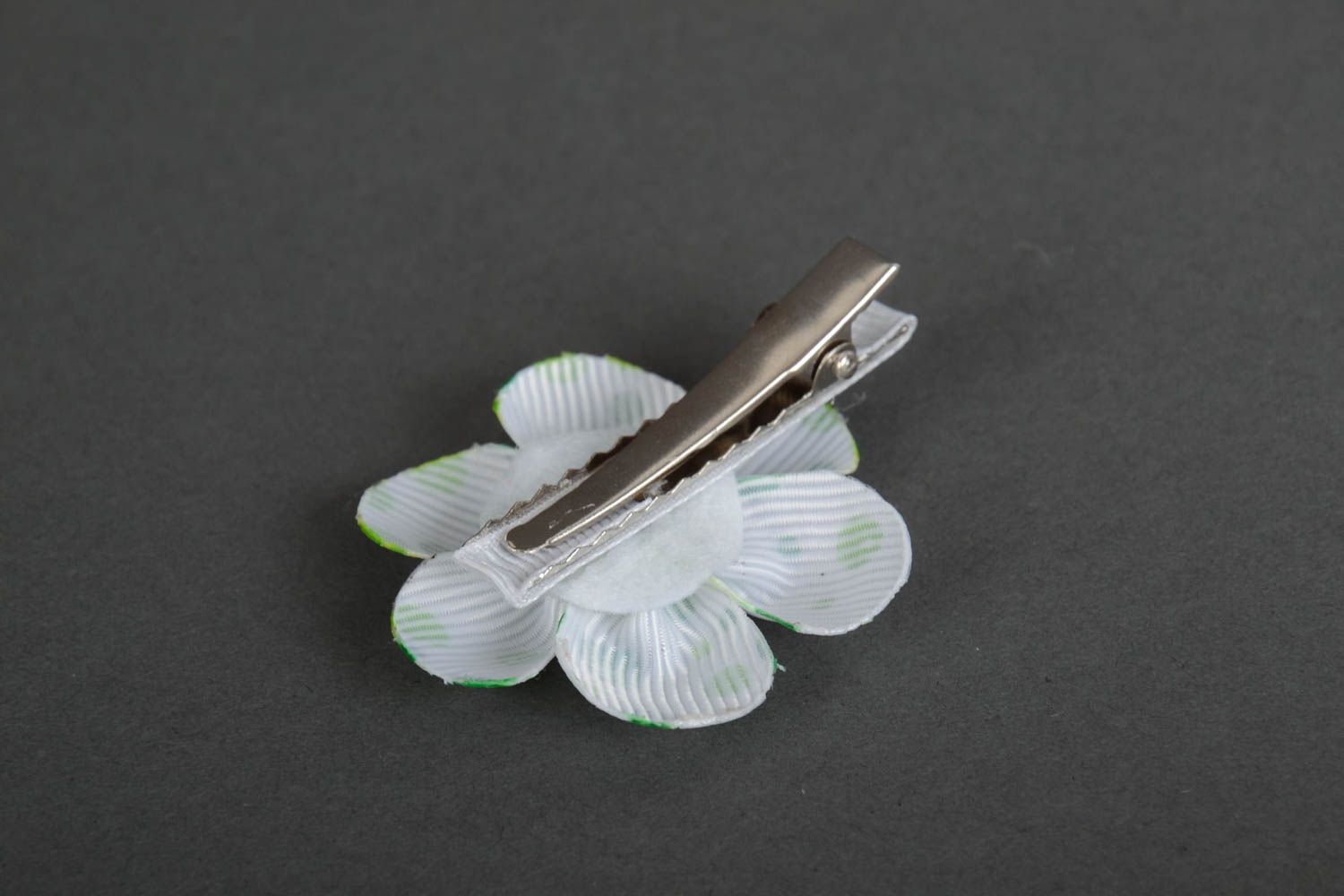 Homemade designer hair clip with white and green satin ribbon kanzashi flower photo 3