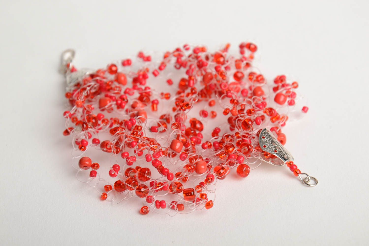 Handmade wide airy wrist bracelet crocheted of red Czech beads for women photo 5