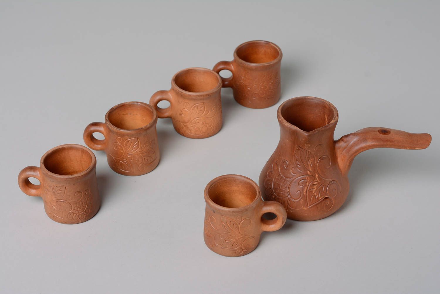 Handmade coffee set made of clay with ceramic kettle and 5 coffee cups with handle 2,19 lb photo 1