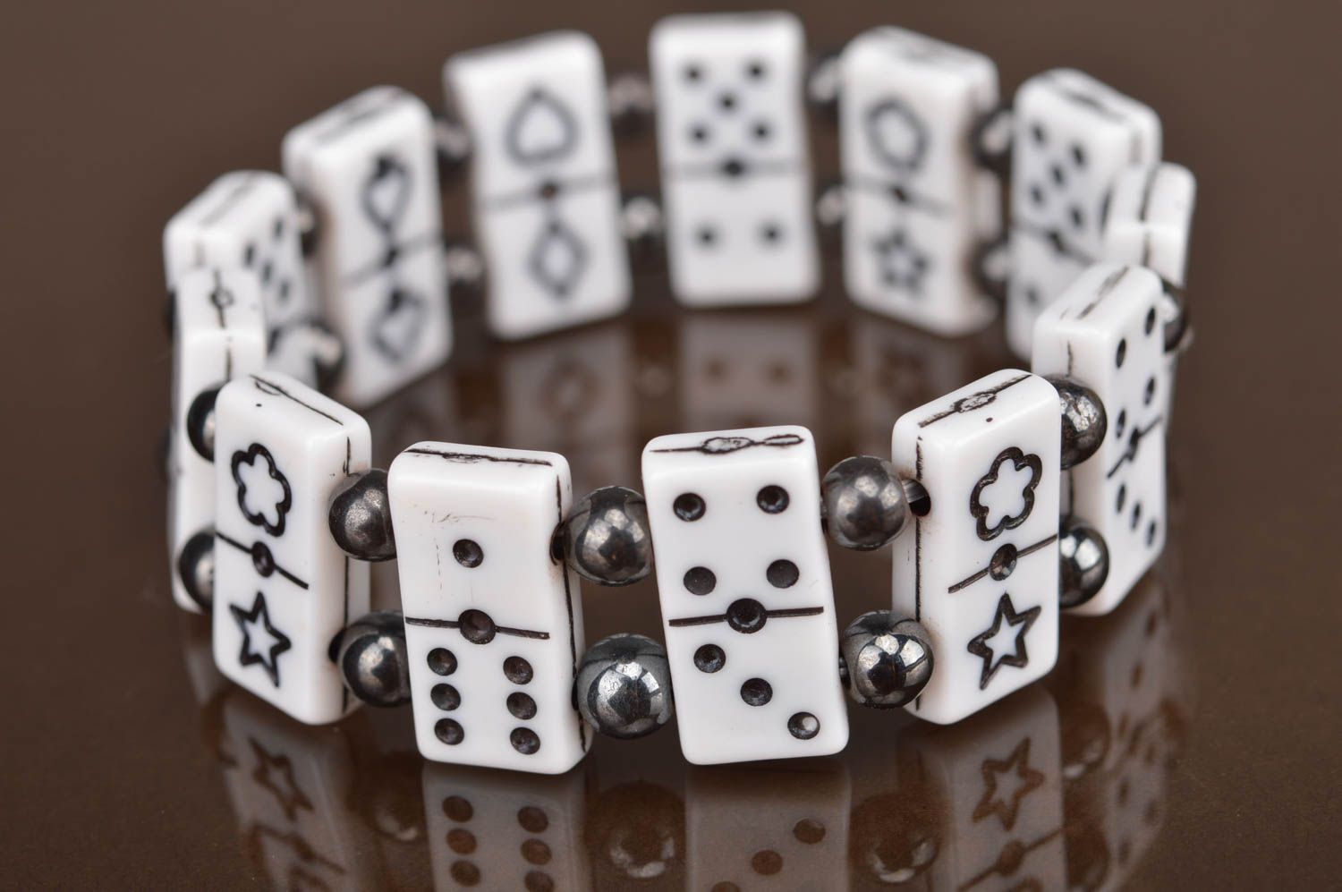 Handmade stylish bracelet made of beads black and white in shape of dominoes photo 2