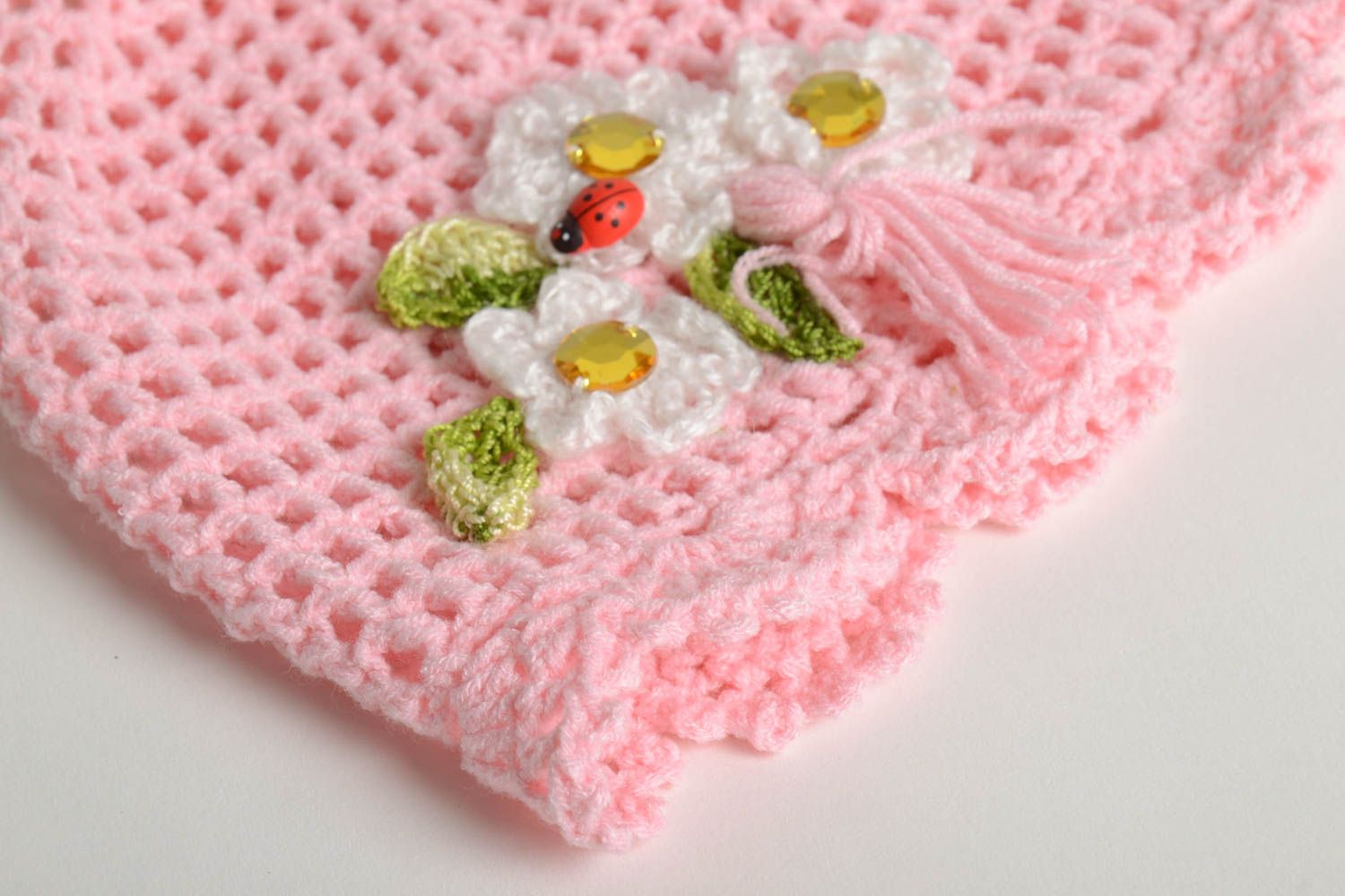 Bonnet tricot fait main Chapeau au crochet rose printemps Vêtement enfant design photo 3