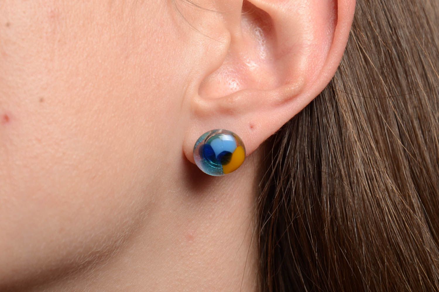 Small stud earrings round-shaped colored blue with yellow glass handmade jewelry photo 1
