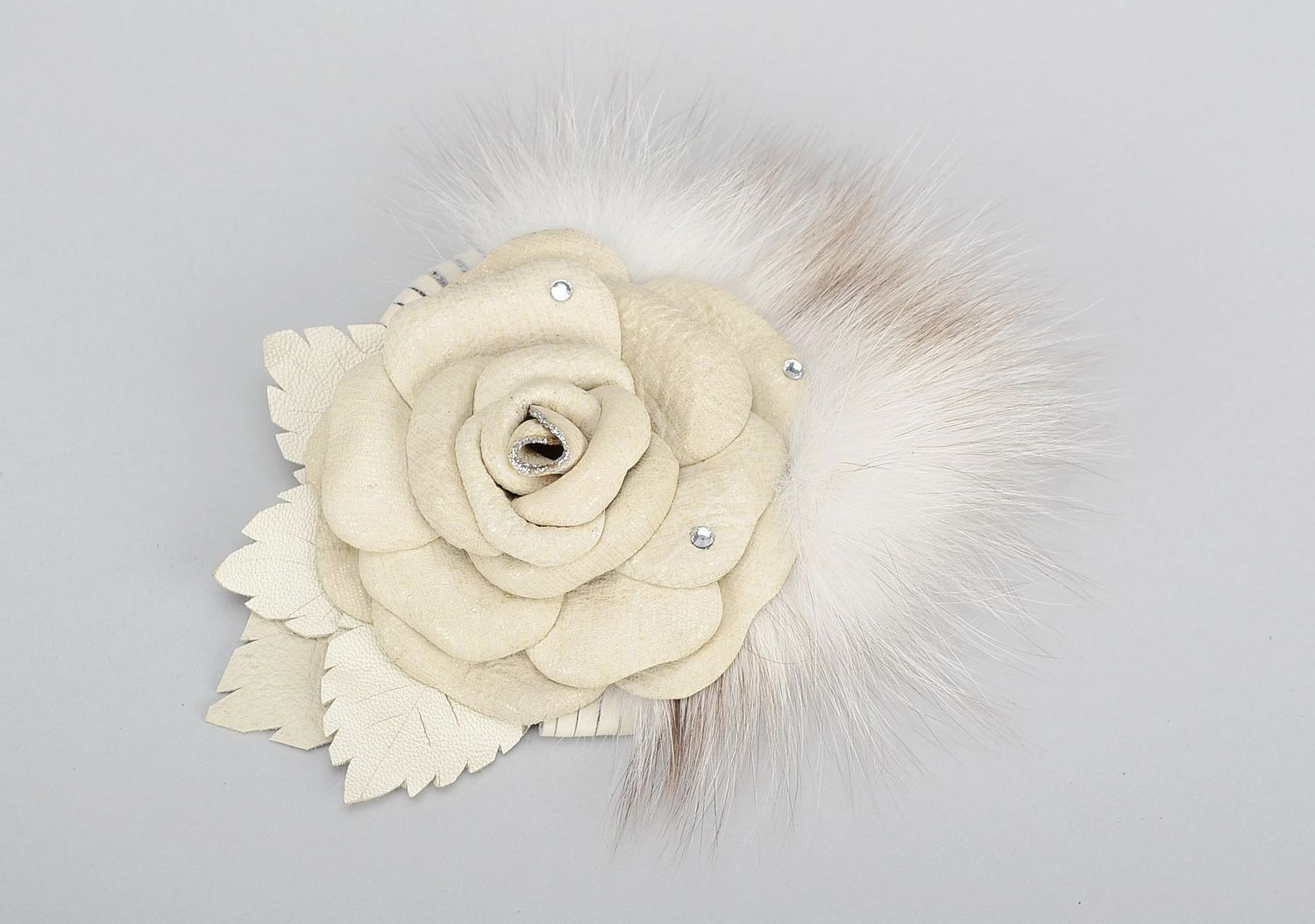 Brooch made from natural leather and fur in the form of a flower photo 1