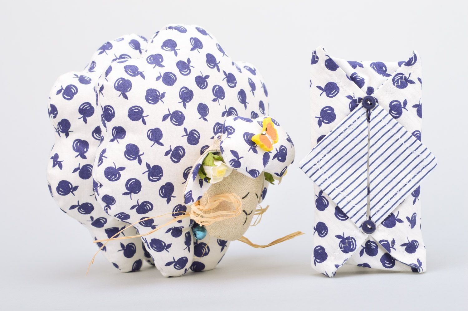 Handmade soft toy and napkin holder sewn of patterned cotton and linen fabrics photo 2